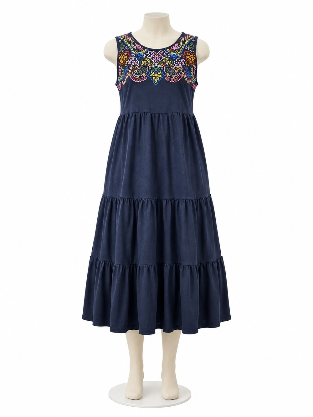 Boden Navy Tiered Maxi Dress with Multicolor Embroidered Yoke